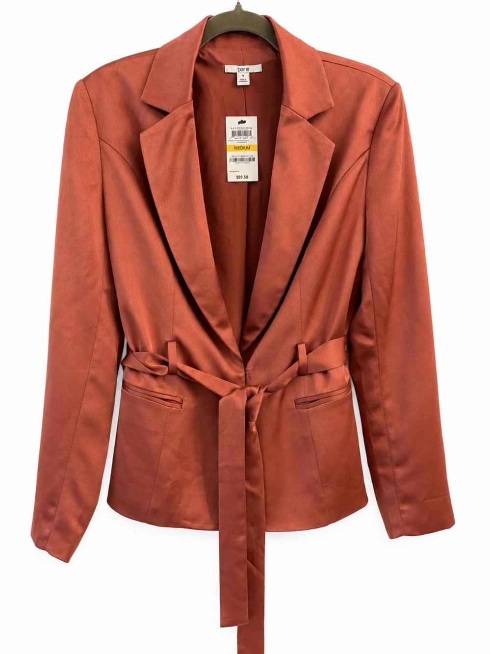 NWT Bar III Belted Blazer Jacket Medium Rust Satin Office Career